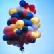 man floating away on balloons